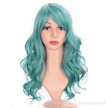Vigorous Long Curly Lake Blue Wig for Cosplay Girls Women Heat Resistant Fiber Synthetic Hair Party Cosplay Wigs